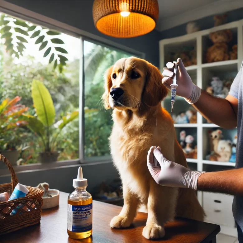 Cão de médio porte sendo tratado com remédio contra carrapatos e pulgas