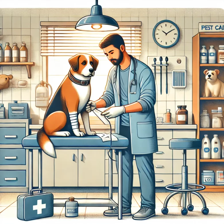 Veterinário prestando primeiros socorros para pets em uma clínica, ilustrando cuidados de emergência para animais de estimação.