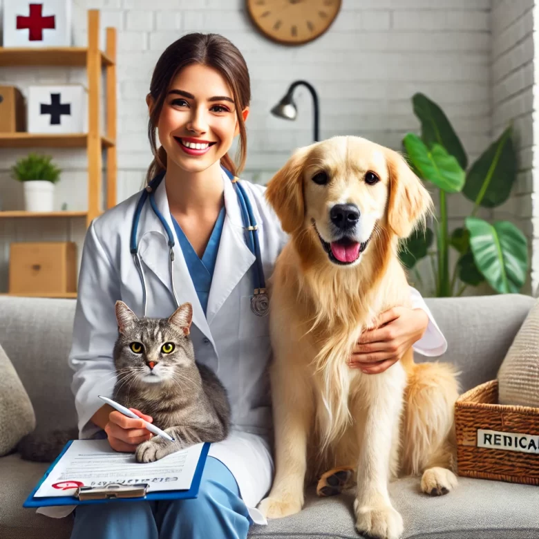 Seguro saúde para cães e gatos - veterinário cuidando de um cachorro e um gato juntos em ambiente acolhedor