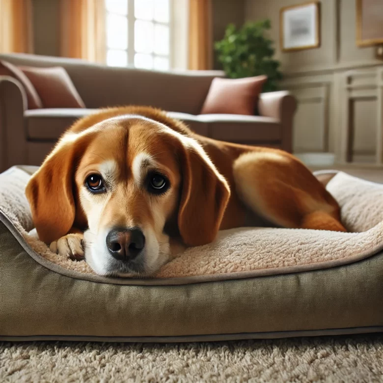 Cachorro deitado em camas ortopédicas para cachorros em uma sala aconchegante.